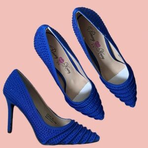 Penny & Kenny Blue Jeweled Heels – Pleated Detail, Rhinestone Embellishment